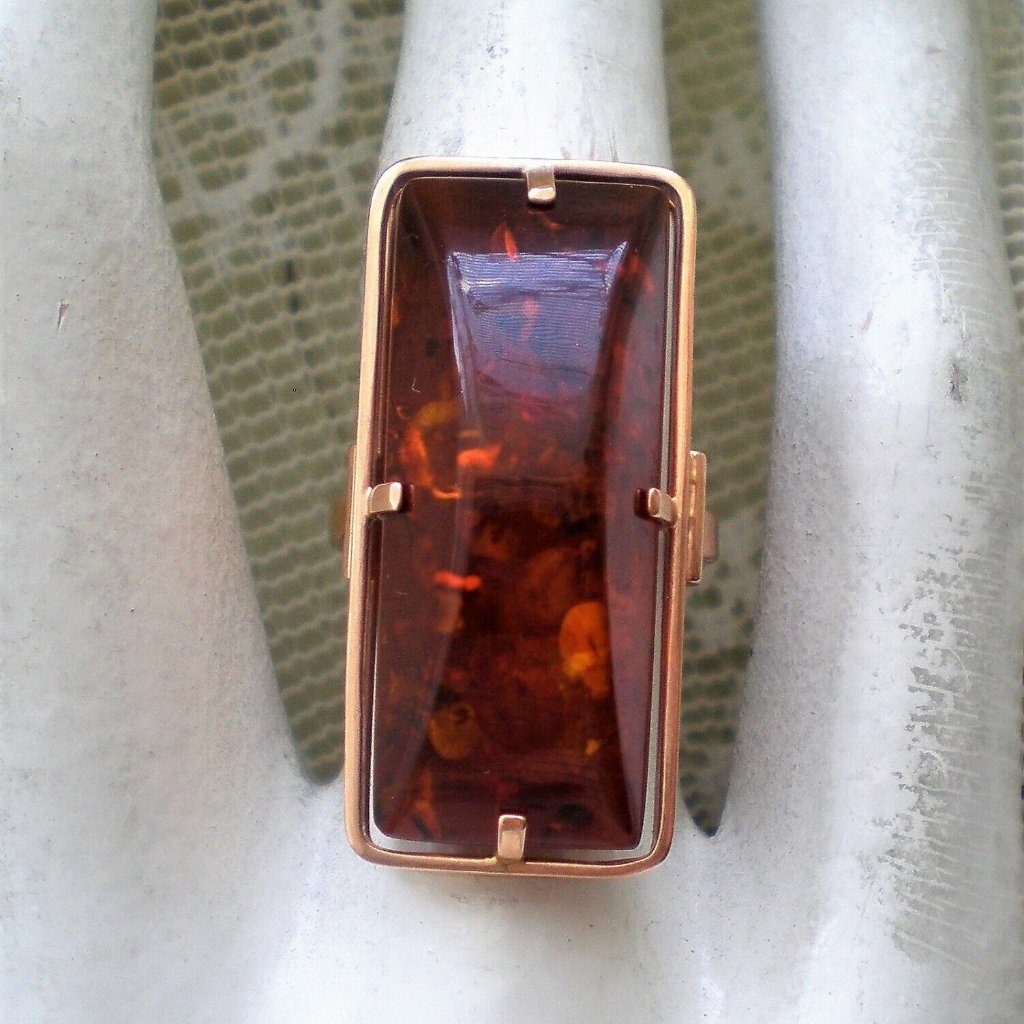 New Russian Russia Ussr 14k 585 Rose Pink Gold Baltic Honey Amber Cocktail Ring